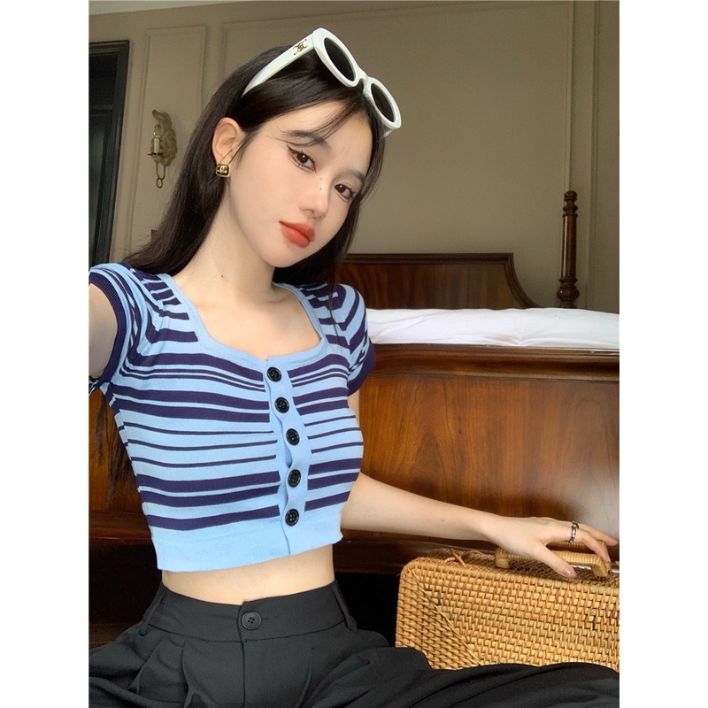 QKOOLE Áo croptop  dệt kim tay ngắn cổ vuông họa tiết kẻ sọc phong cách Hàn Quốc thời trang cho nữ