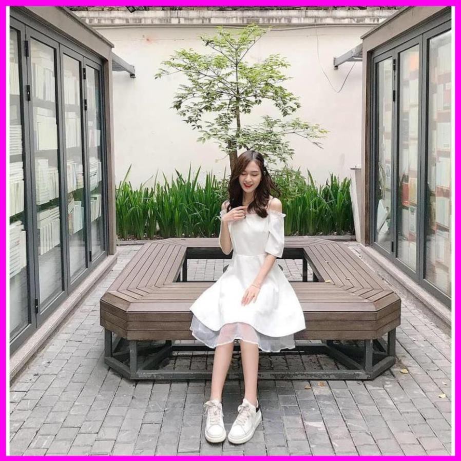 [  Freeship ] Đầm Trễ Vai Trắng Dễ Thương Phối Lưới Dịu Dàng Siêu Xinh Đầm nữ dự tiệc , váy trắng cực xinh | BigBuy360 - bigbuy360.vn