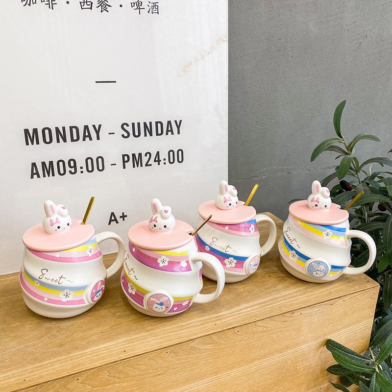 Cốc sứ,ly sứ 450ml họa tiết thỏ,kỳ lân. Kèm nắp + thìa dễ thương