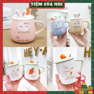 Ly sứ có nắp gắn tai thỏ love 3D màu trắng in nổi hình thỏ gắn nơ có quai cầm kèm muỗng cà phê 500ml LS001 Tiệm Của Nhi