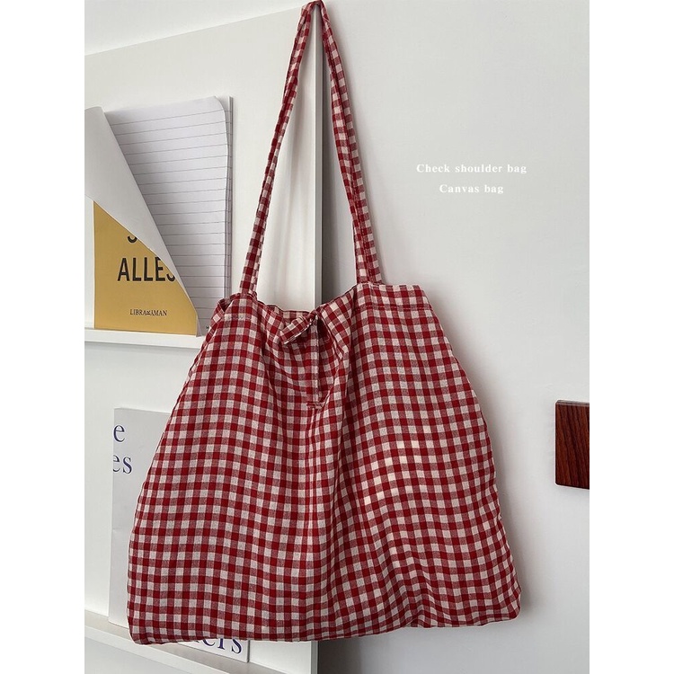Túi Xách Vải cotton Lanh Phối Ren Kẻ Sọc Caro Phong Cách retro Hàn Quốc Cho Nữ