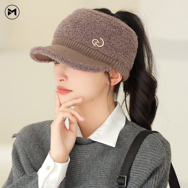 Mũ Lưỡi Trai Dệt Kim Phối Lông Thỏ Co Giãn Giữ Ấm Phong Cách Hàn Quốc Thời Trang Cho Nữ