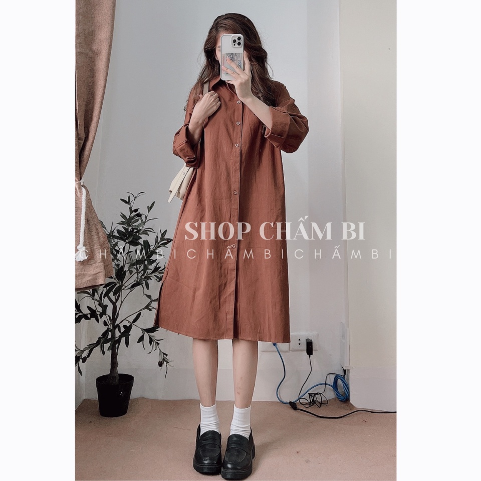 Đầm sơ mi nữ  V.094, Đầm dáng dài cổ đức dài tay xẻ tà 4 màu thanh lịch ngọt ngào - Thời trang nữ Chấm Bi