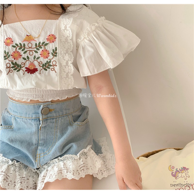 Áo Kiểu Tay Ngắn Phối Ren Hoa Dành Cho Bé Gái