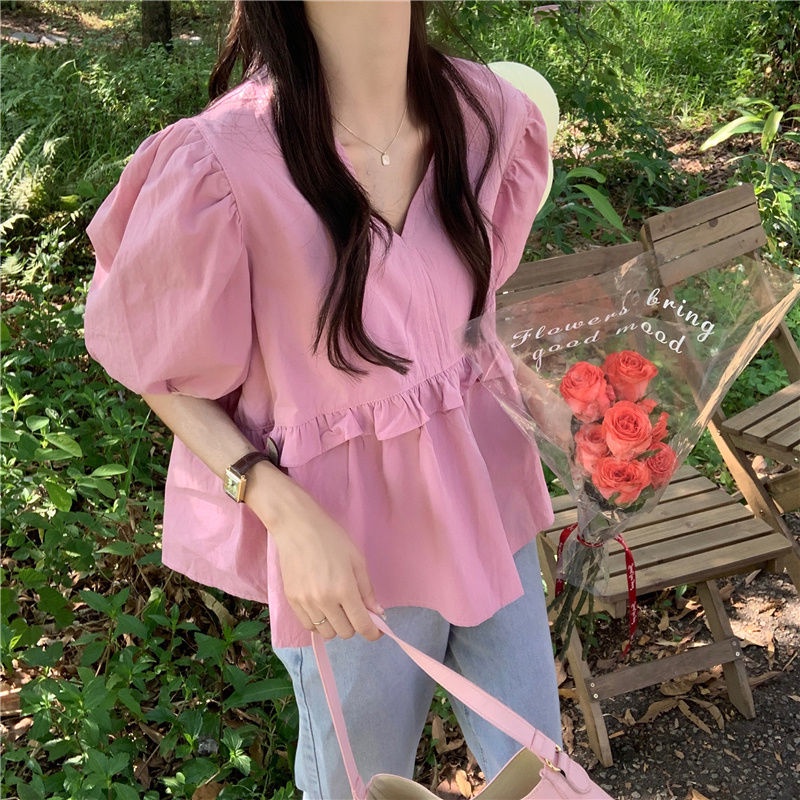 SUXI Áo Sơ Mi Tay Phồng Ngắn Cổ Chữ V Màu Sắc Ngọt Ngào Thời Trang Mùa Hè Cho Nữ