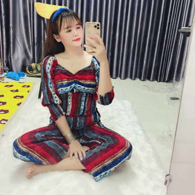 Set thổ cẩm sọc ống rộng tay dài phồng nhún ngực