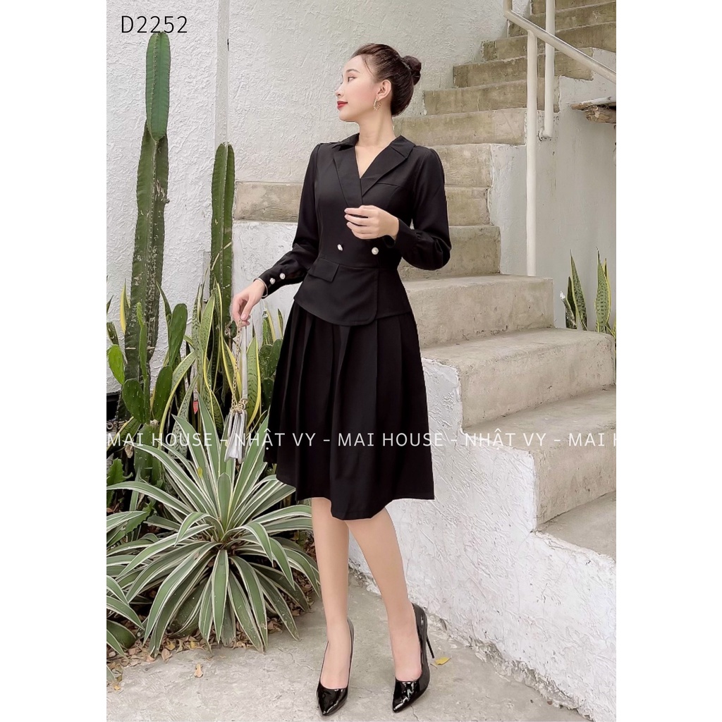 Đầm Nữ NHẬT VY Cổ Vest Dài Tay Phối Dập Ly Chất Kaki Thun Dáng Ôm Xoè Nhẹ Màu Đen, Nude - D2252