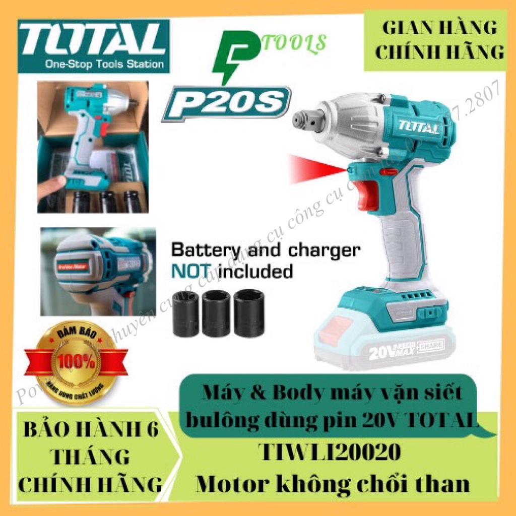 Máy vặn siết bulông dùng pin 20V TOTAL TIWLI20020,Body siết bulong cầm tay motor không chổi than , đèn làm việc tích hợp