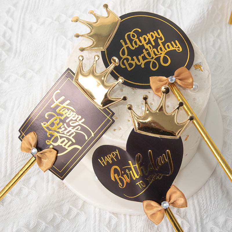 Que Cắm Trang Trí Bánh Kem Chữ Happy Birthday Hình Vương Miện Màu Vàng Đồng Phong Cách Châu Âu