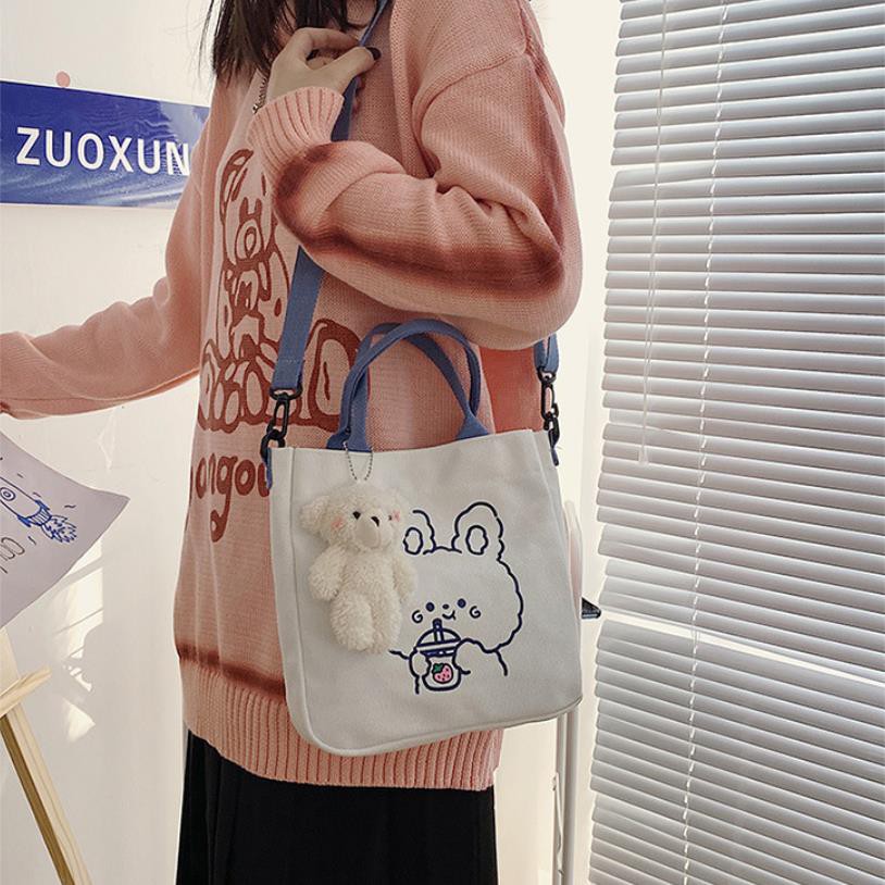 ❤️BÁN LỖ XIN ĐÁNH GIÁ❤️ Túi ToTe Vải Canvas Đeo Chéo Cầm Tay In Hình Gấu Dễ Thương DC0001