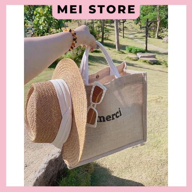 Túi Cói Merci Loại 1 Màu Sáng, Có Đệm Đáy Giữ Form Túi, Có Lót