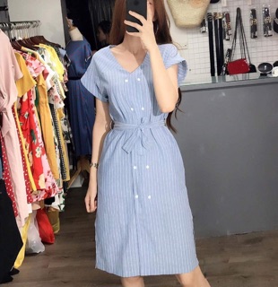 Đầm công sở, đầm suông cổ tim cài nút