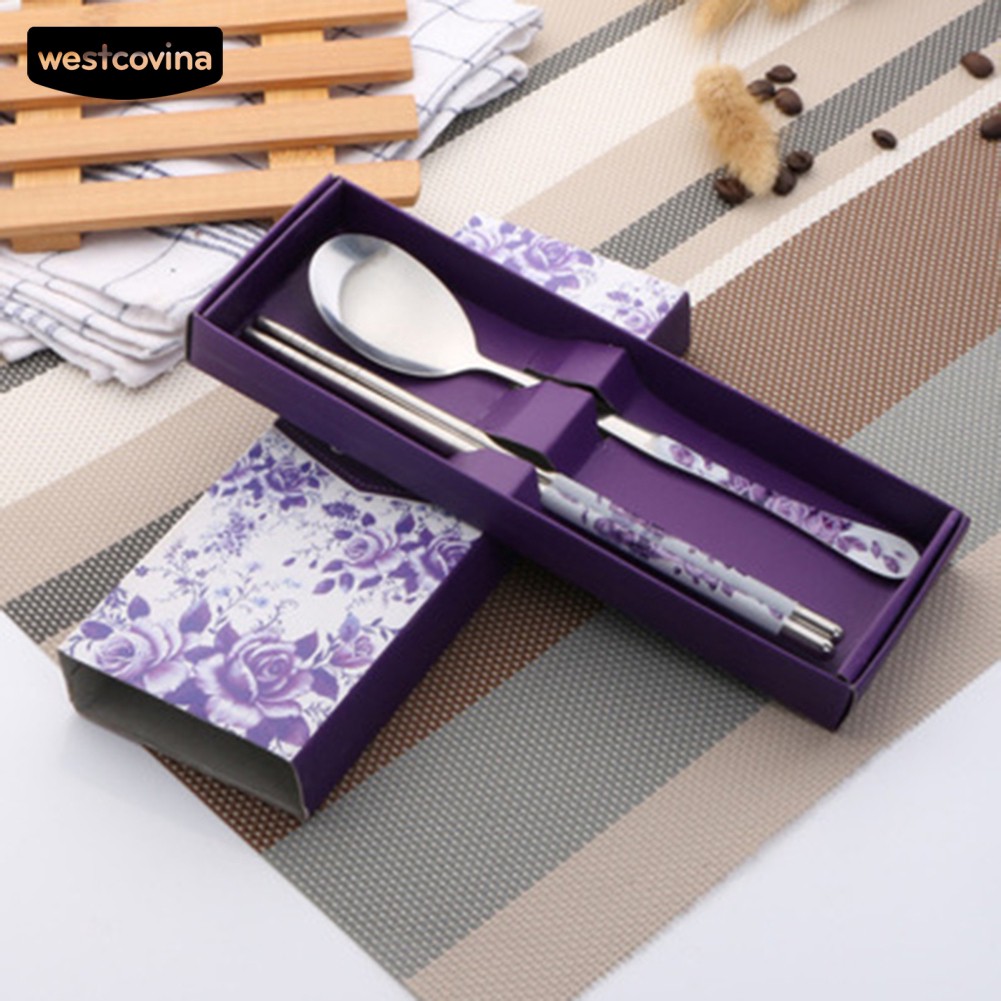 Set 2 muỗng đũa thép không gỉ cán sứ độc đáo