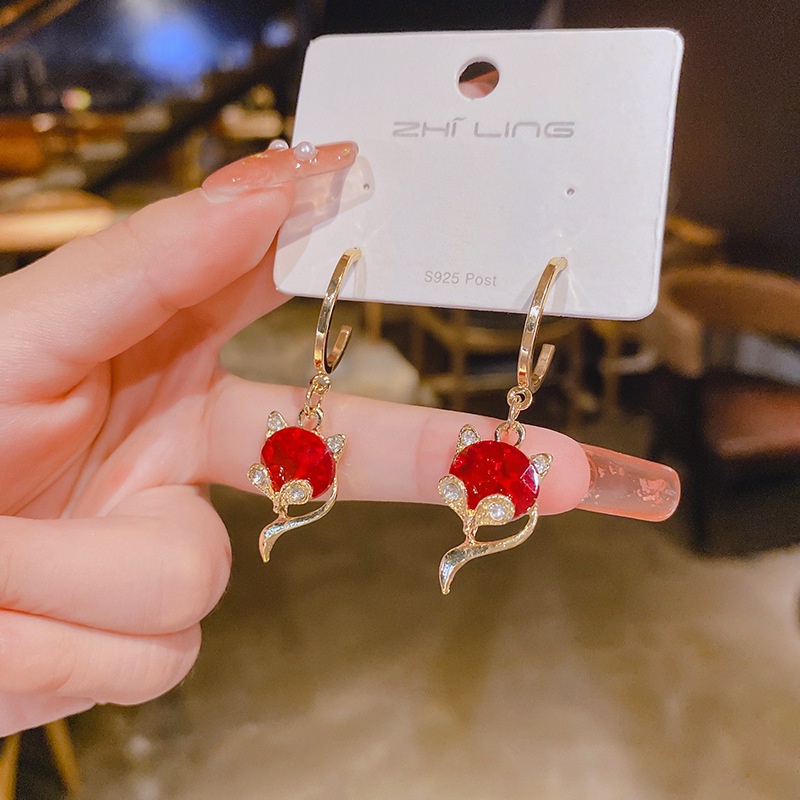 Bông Tai Bạc 925 Hình Con Cáo Đính Pha Lê Đỏ Cá Tính Dễ Phối Đồ Thời Trang Cho Nữ