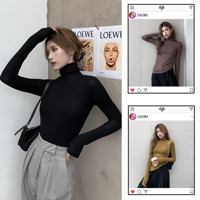 Cocory vn Áo thun dài tay co giãn thời trang dễ phối cho mùa đông