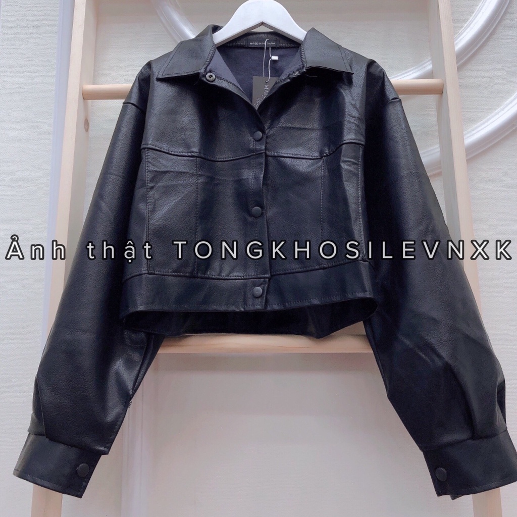Áo Khoác Da Nữ Dáng Croptop Dài Tay Cúc Bấm - ÁO DA CROPTOP JACKET MÀU ĐEN UNISEX