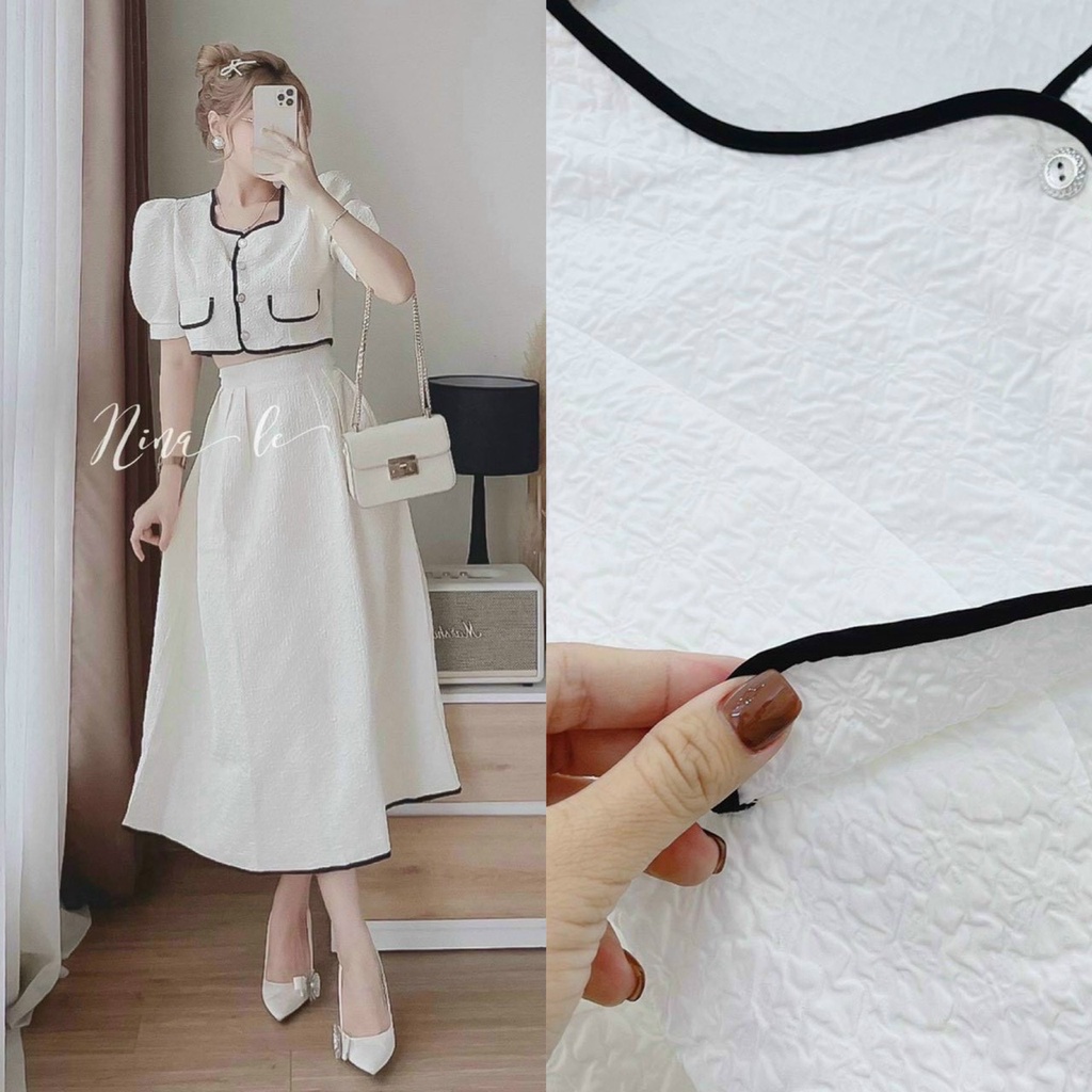 Sét váy dài dáng xòe phối áo khoác viền né cài nút váy có lót chất liệu vải xốp nhật cho nàng dự tiệc siêu