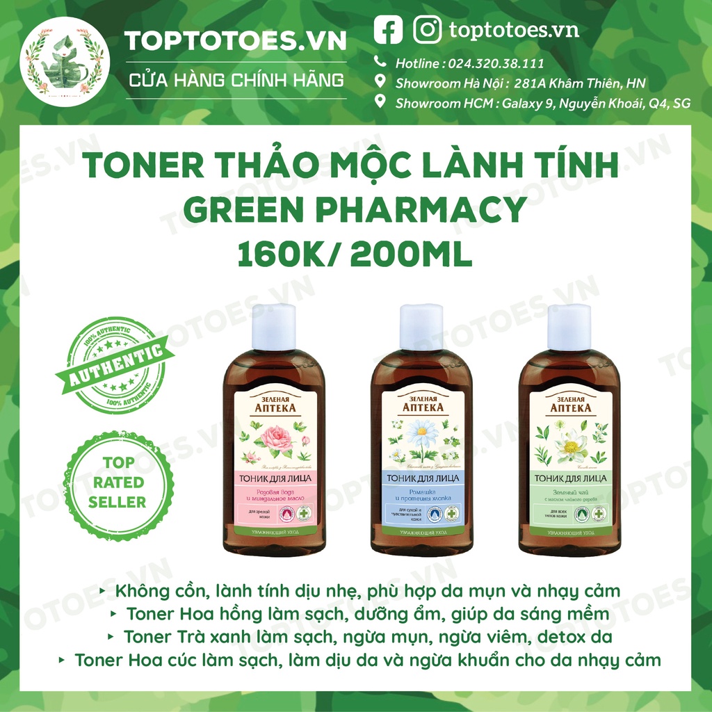 Toner Green Pharmacy hoa cúc/ hoa hồng/ trà xanh thảo mộc, không cồn, lành tính dịu nhẹ 200ml