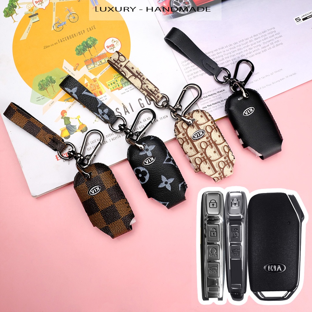 Bao da chìa khóa smartkey xe ô tô KIA Cerato K3 K5 Sorento logo cũ khâu tay có dây tay cầm