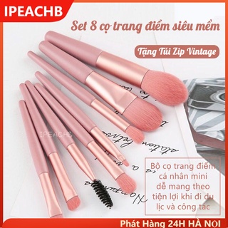 Set 8 cọ trang điểm lông siêu mềm Tặng Kèm Túi Zip Vintage Bộ cọ trang điểm cá nhân mini dễ mang theo