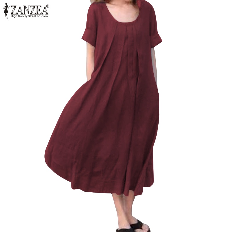 Đầm dài ZANZEA màu trơn cổ tròn xếp ly nhiều màu tùy chọn thời trang cho nữ