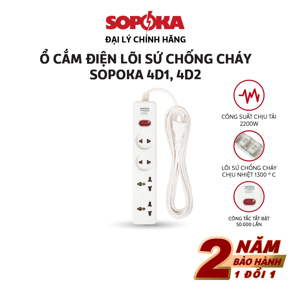 Ổ cắm điện đa năng thông minh Sopoka chịu tải 2200W/1200W 4D1/4D2 chống va đập, chịu nhiệt, có công tắc an toàn