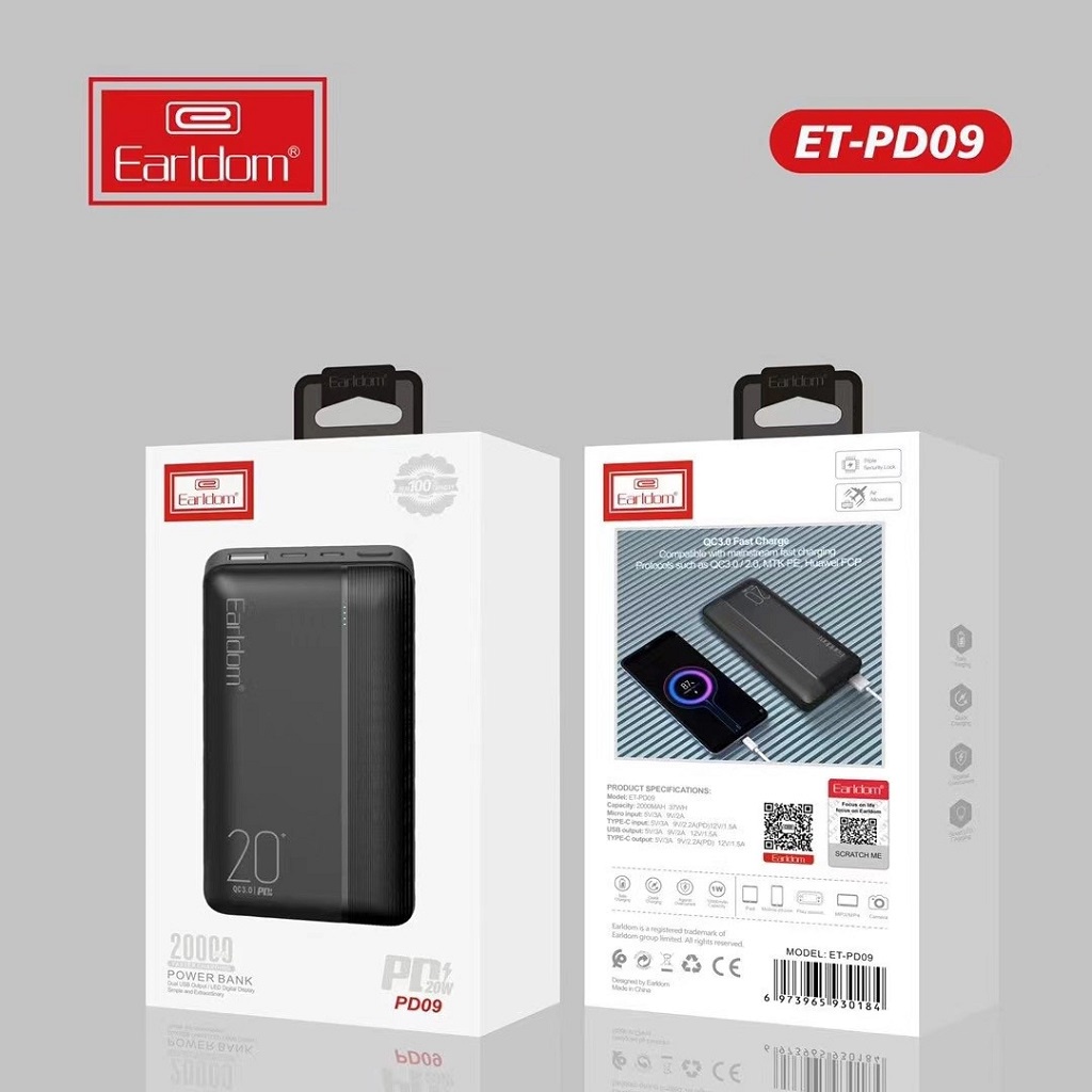 Sạc Dự Phòng Earldom 20.000 mAh tích hợp 2 cổng sạc Micro và Type-C Sạc Nhanh QC 3.0 PD – 09 -tiết kiệm thời gian sạc