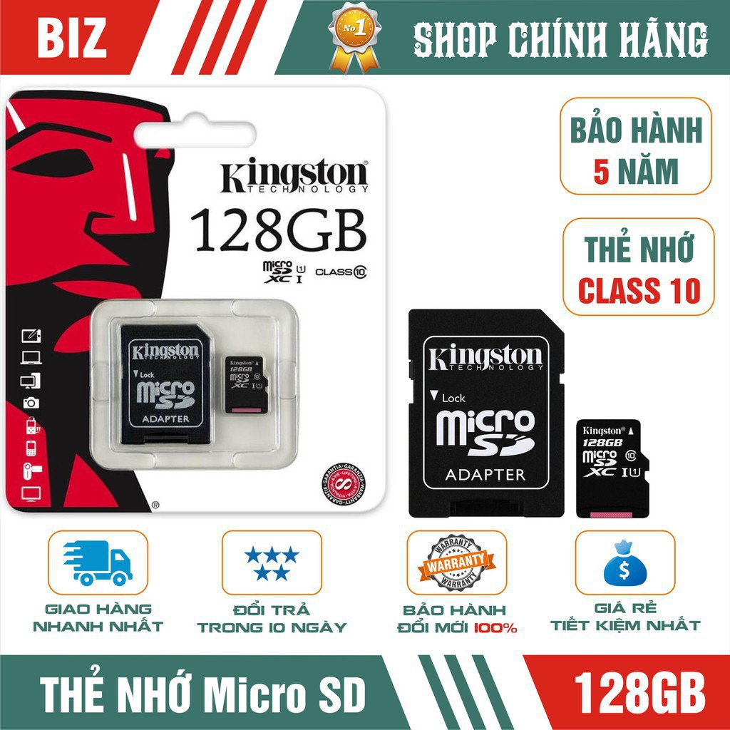 Thẻ nhớ 128GB Kingston MicroSD Class 10 (Kèm Adapter) - Bảo hành 5 năm!