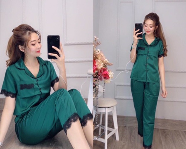 Đồ Bộ Pijama Tay Ngắn Quần Dài Viền Ren Phi Lụa