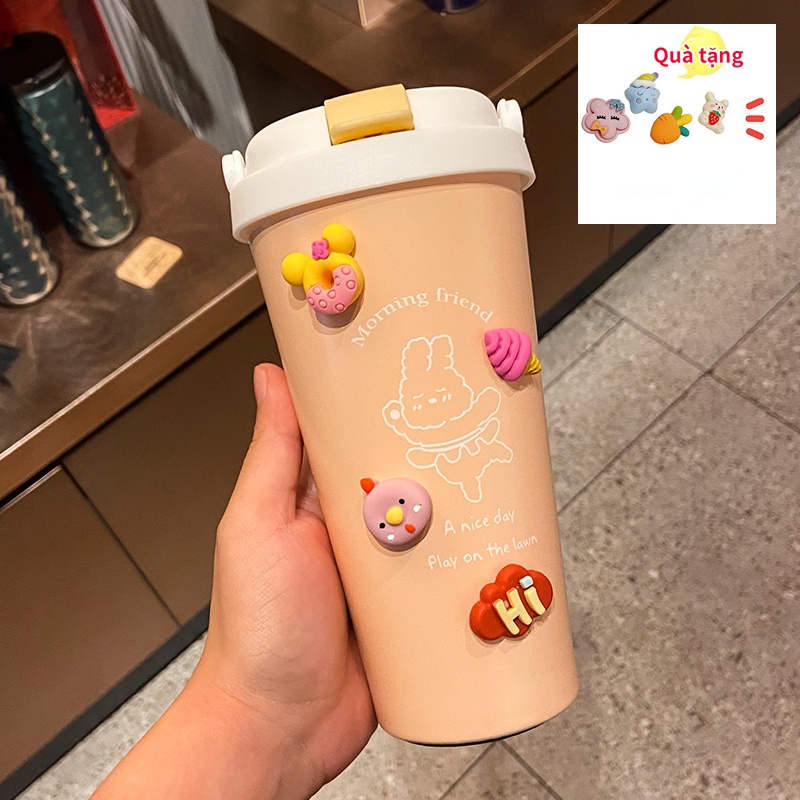 Ly giữ nhiệt cute dễ thương có ống hút, Cốc giữ nhiệt cầm tay tặng kèm Sticker,dung tích 500ml