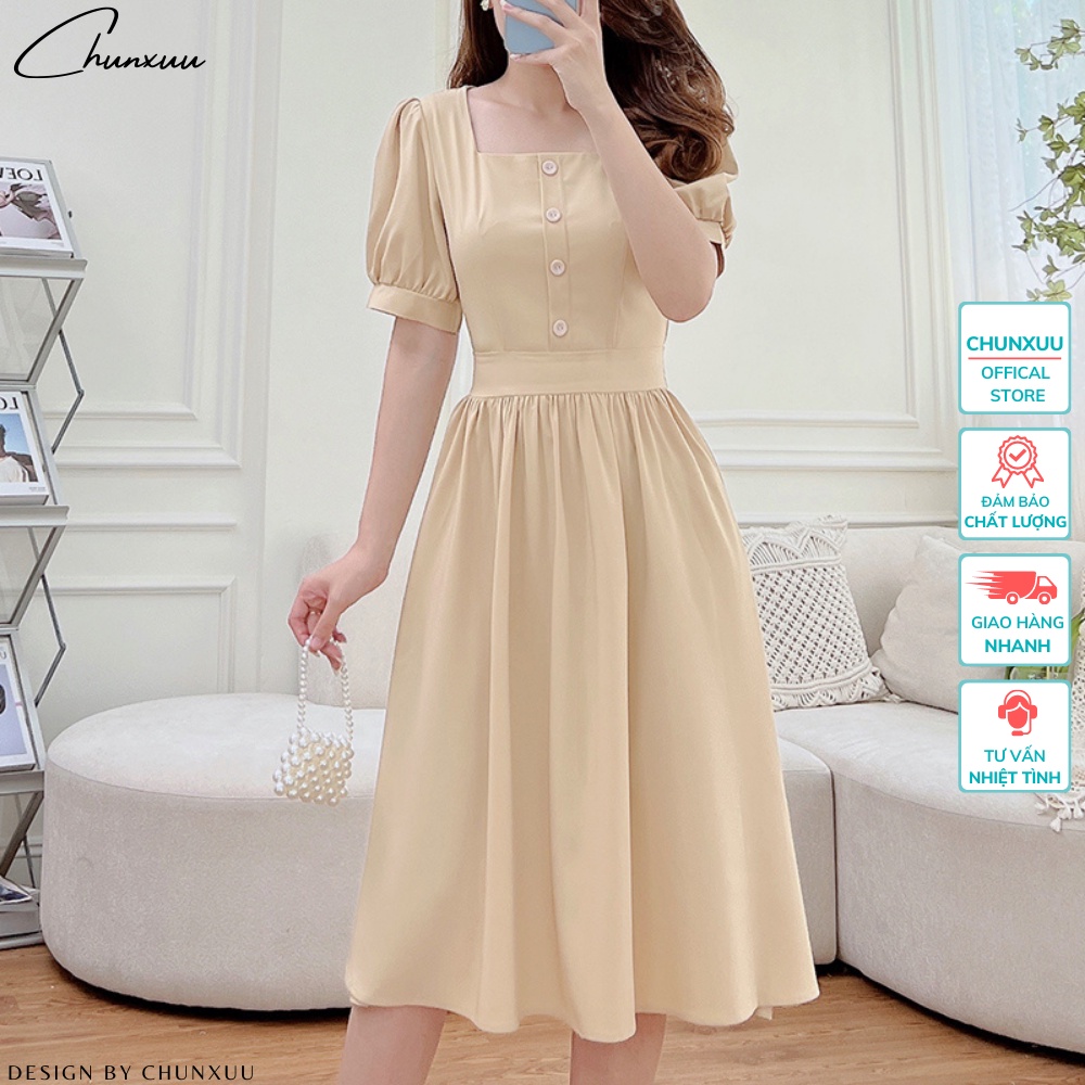 Váy nữ cổ vuông dáng xòe thiết kế thanh lịch chất vải đẹp ChunXuu V09