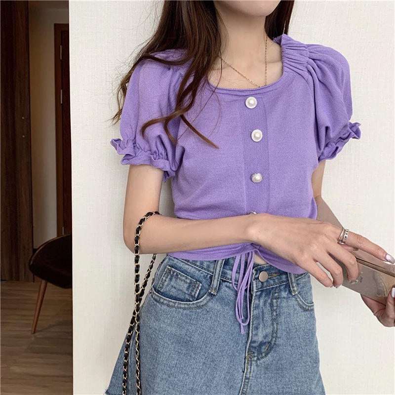 B&amp;G Áo Kiểu Vải Lụa Lạnh Xếp Ly Tay Phồng Phối Dây Rút Phong Cách Pháp Cổ Điển Thời Trang Mùa Hè Cho Nữ Áo phông Nữ JL-TX-124