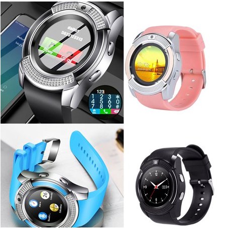 Đồng hồ thông minh Smart Watch V8 mặt tròn có khe gắn sim, thẻ nhớ màu hồng dành cho nữ