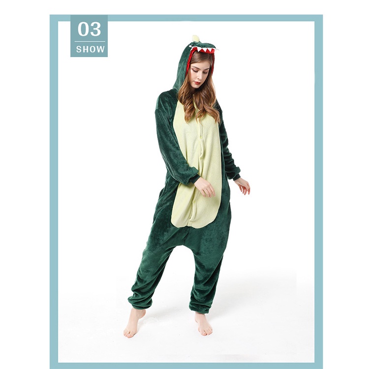Bộ Đồ Ngủ Liền Thân Hình Khủng Long Xanh Lá Hoạt Hình Có Mũ Cho Nam Nữ