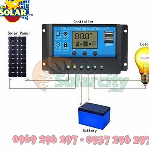 Điều khiển sạc pin nặng lương mặt trời PWM 30A-12-24V có màn hình LCD
