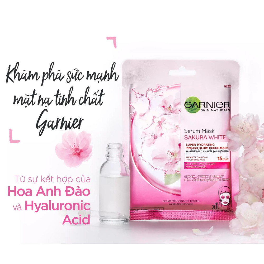 Mặt nạ tinh chất Sakura &amp; Hyarulon căng mướt da Garnier Hydra Bomb Sarura White Serum Mask 28g