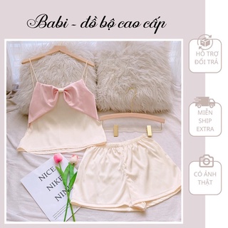 Bộ ngủ nơ hai dây lụa mềm mịn cho mùa hè