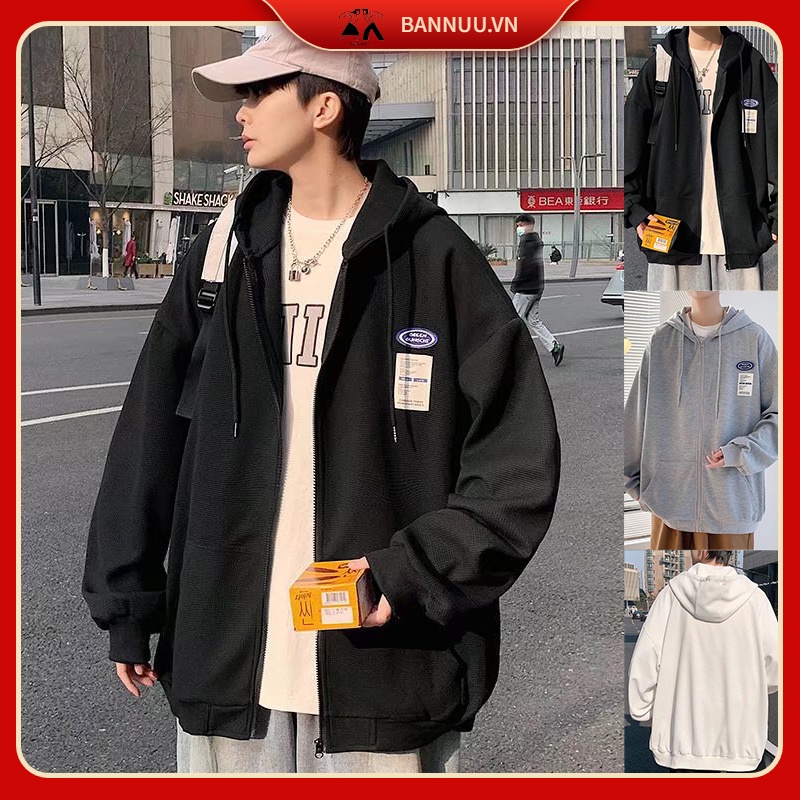 Áo hoodie unisex thời trang áo hoodie dây kéo áo dài tay áo varsity jacket phong cách Hàn Quốc áo hoodie nữ trẻ tuổi đen trắng áo khoác hoodie