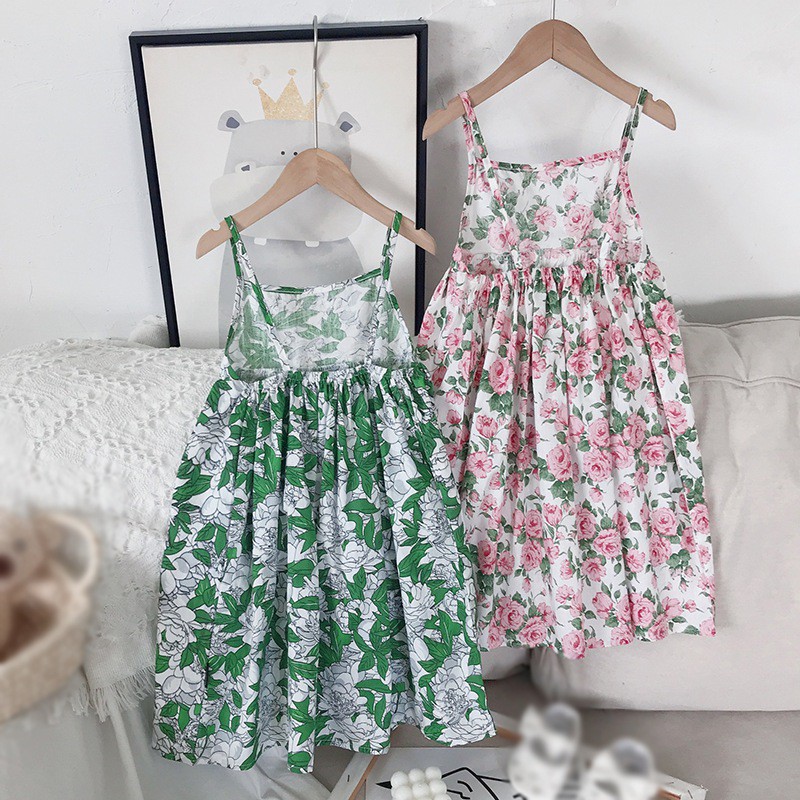 Đầm 2 dây hở lưng in hoa phong cách Hàn Quốc thời trang mùa hè cho bé gái