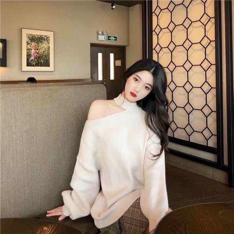 Áo len dài tay trễ vai From dấu quần -phong cách hàn quốc rớt vai Len mềm 3 Màu nâu-đen -Be hàng Sẵn..