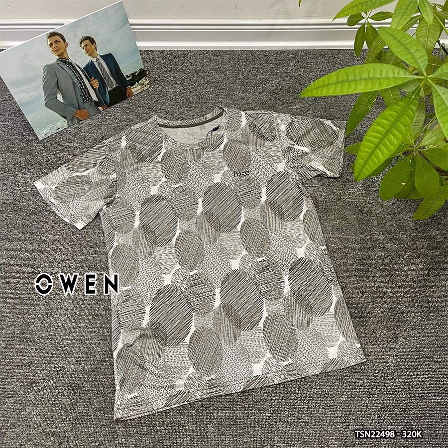 Áo thun nam ngắn tay cổ tròn OWEN TSN22498 phông T-shirt vải polyester thể thao dáng body fit màu xám in họa tiết