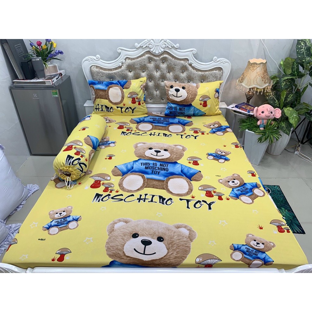 Bộ drap ga thun lạnh Hàn Quốc (4 món) họa tiết gấu bông chất đẹp, mịn mát