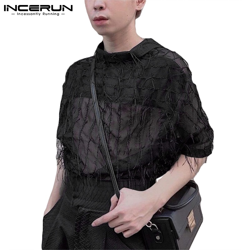 Áo tay lửng dáng rộng INCERUN phối tua rua xuyên thấu thời trang phương Tây dành cho nam