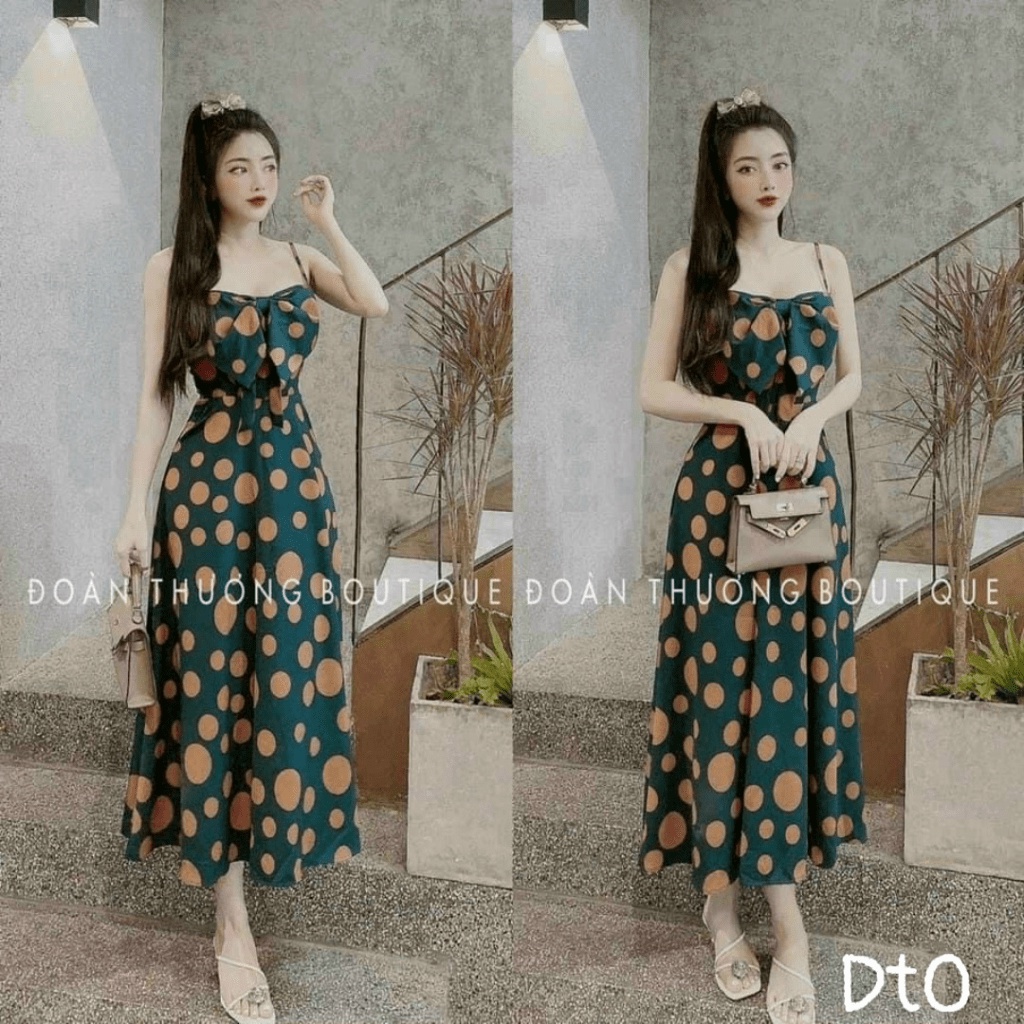 Đầm suông lụa hai dây chấm bi to nhỏ xen kẽ hài hòa xinh xắn đáng yêu