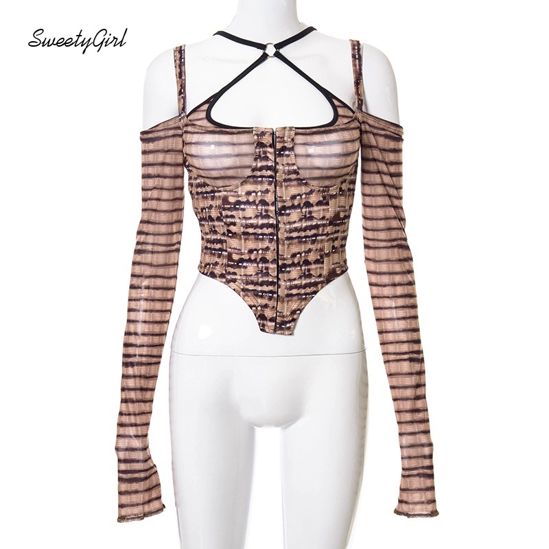 Áo Croptop Trễ Vai Tay Dài Cài Nút Trước In Họa Tiết Thời Trang Cho Nữ