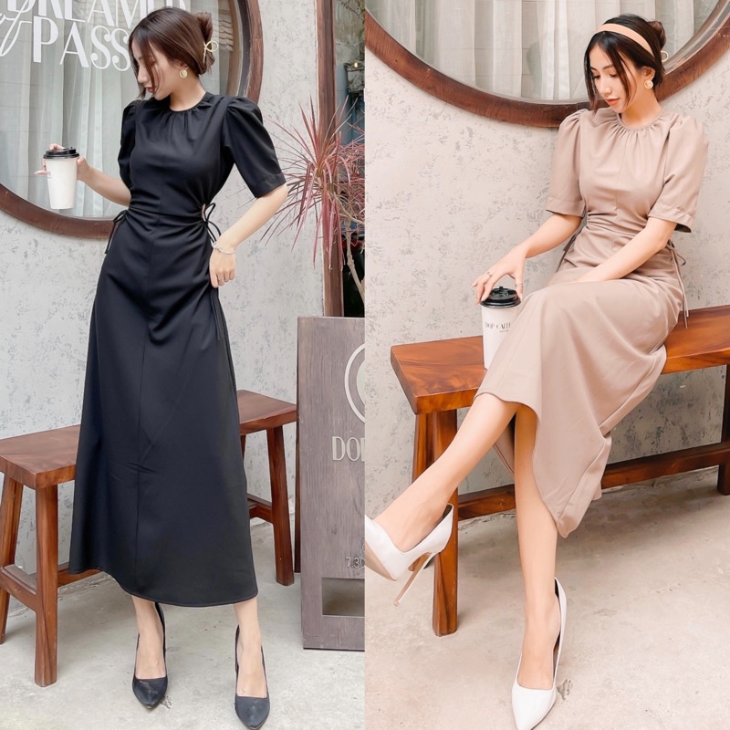 Đầm maxi tay phồng rút eo cutout eo