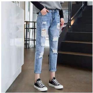 Plus Size Korean Style Women Summer Pant High Waist Casual Loose Ripped Jeans Fashion Ninth Harem Denim Pants
