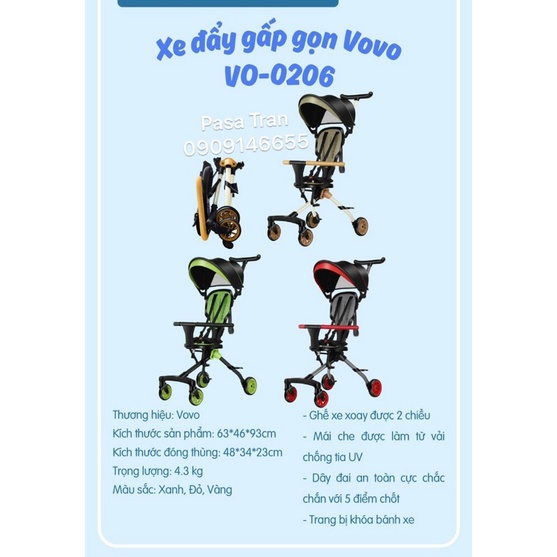 Xe đẩy gấp gọn vovo travel full nệm mái 2022