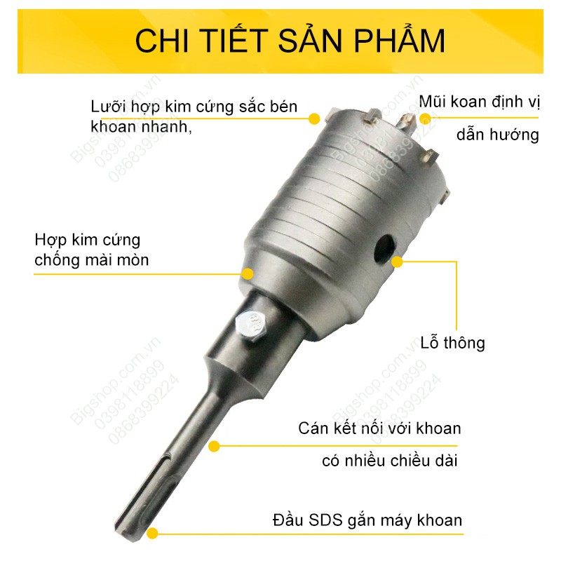 Mũi khoan khoét lỗ tường bê tông, tường gạch, cán dài 20cm, đủ bộ hoặc từng phụ kiện