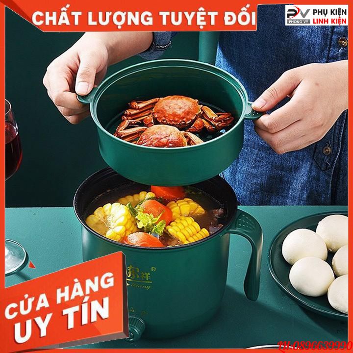 Nồi lẩu mini đa năng 2 tầng ca nấu mì điện núm xoay 2 nấc nhiệt kèm giá hấp 1,8L SHANBAN